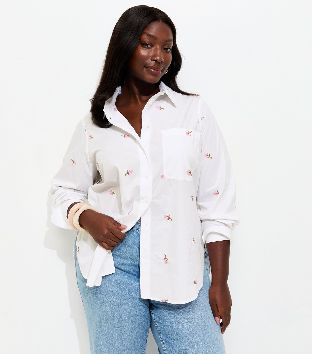 New Look Women's Plus Size White Embroidered Floral Poplin Shirt Curves New Look