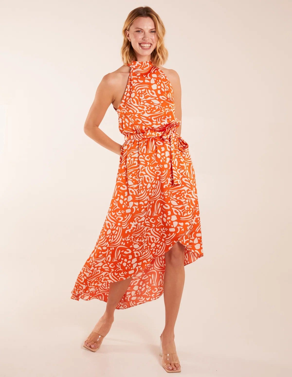 Blue Vanilla Abstract Print Halter Neck High Low Midi Wrap Dress