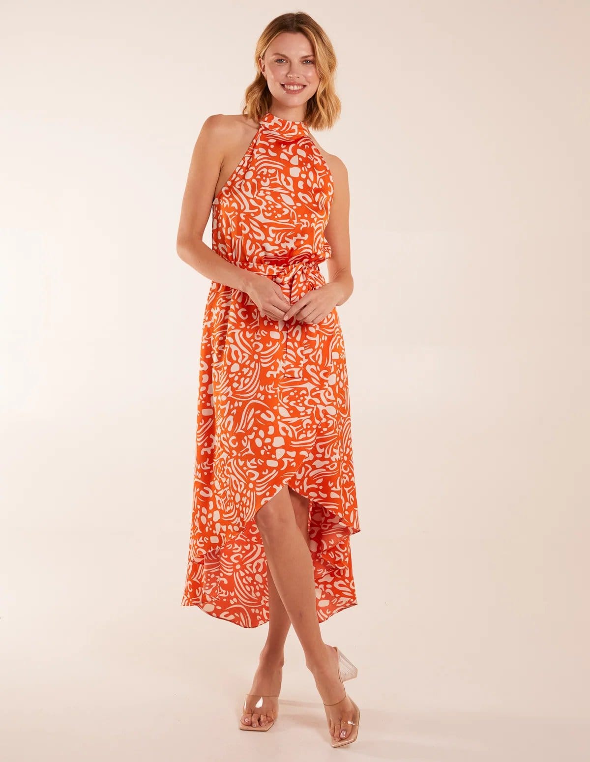 Blue Vanilla Abstract Print Halter Neck High Low Midi Wrap Dress - 4