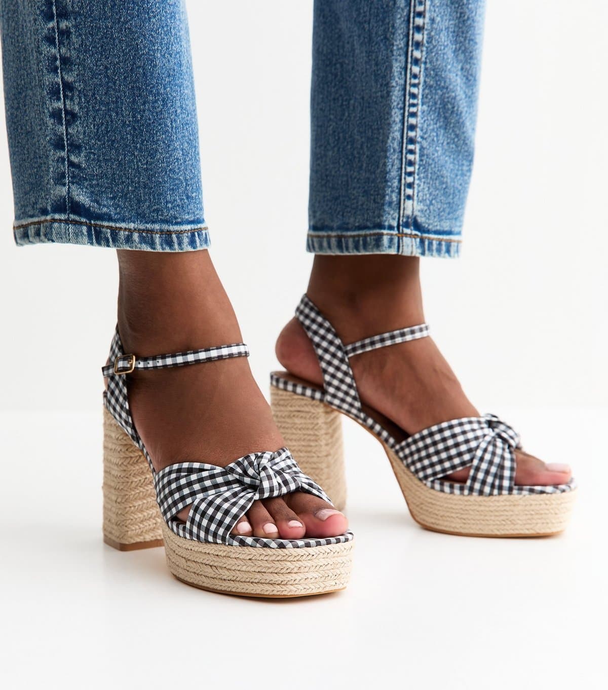 New Look Women's Black Gingham Knot Strap Braided Platform Sandals Vegan New Look