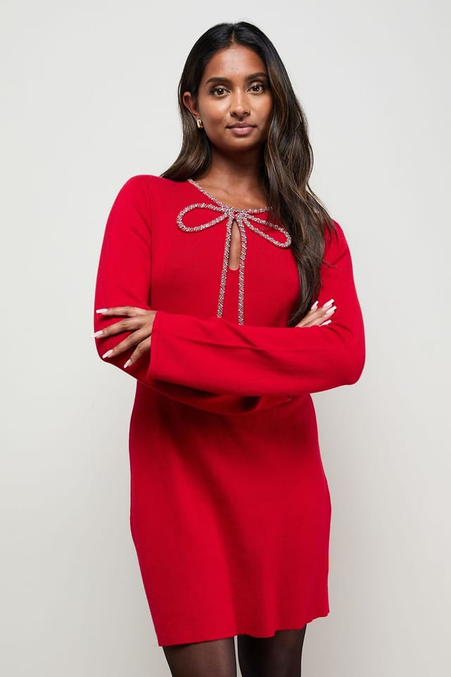 Oasis Oasis Women's Embellished Bow Knitted Dress in Red - 2