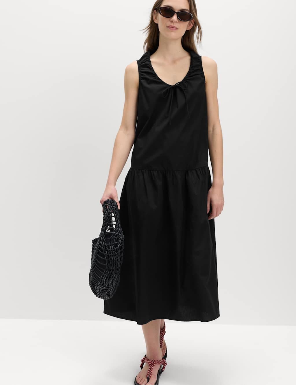 Marks & Spencer M&S Pure Cotton Tie Detail Midi Tiered Dress Black