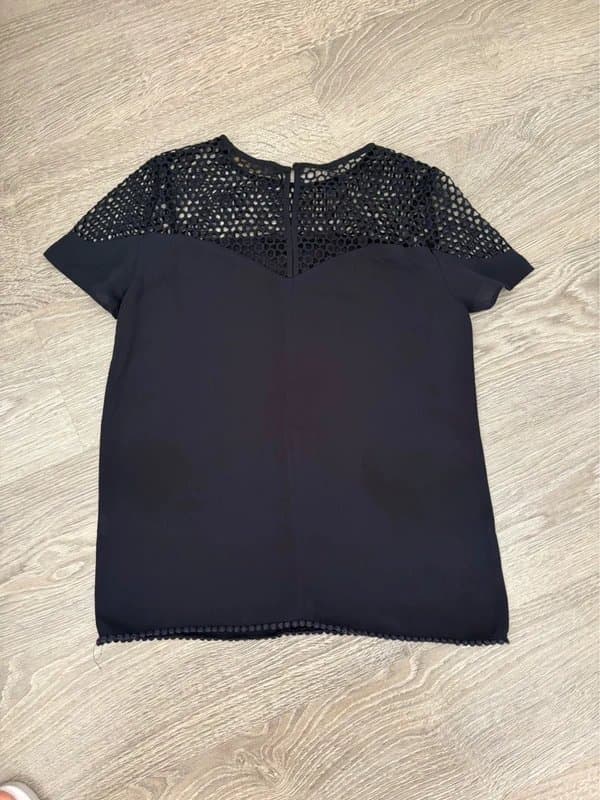 Zara ZARA Basic Navy Blue Lace Detail Blouse Top Size S Elegant Short Sleeve Smart Casual