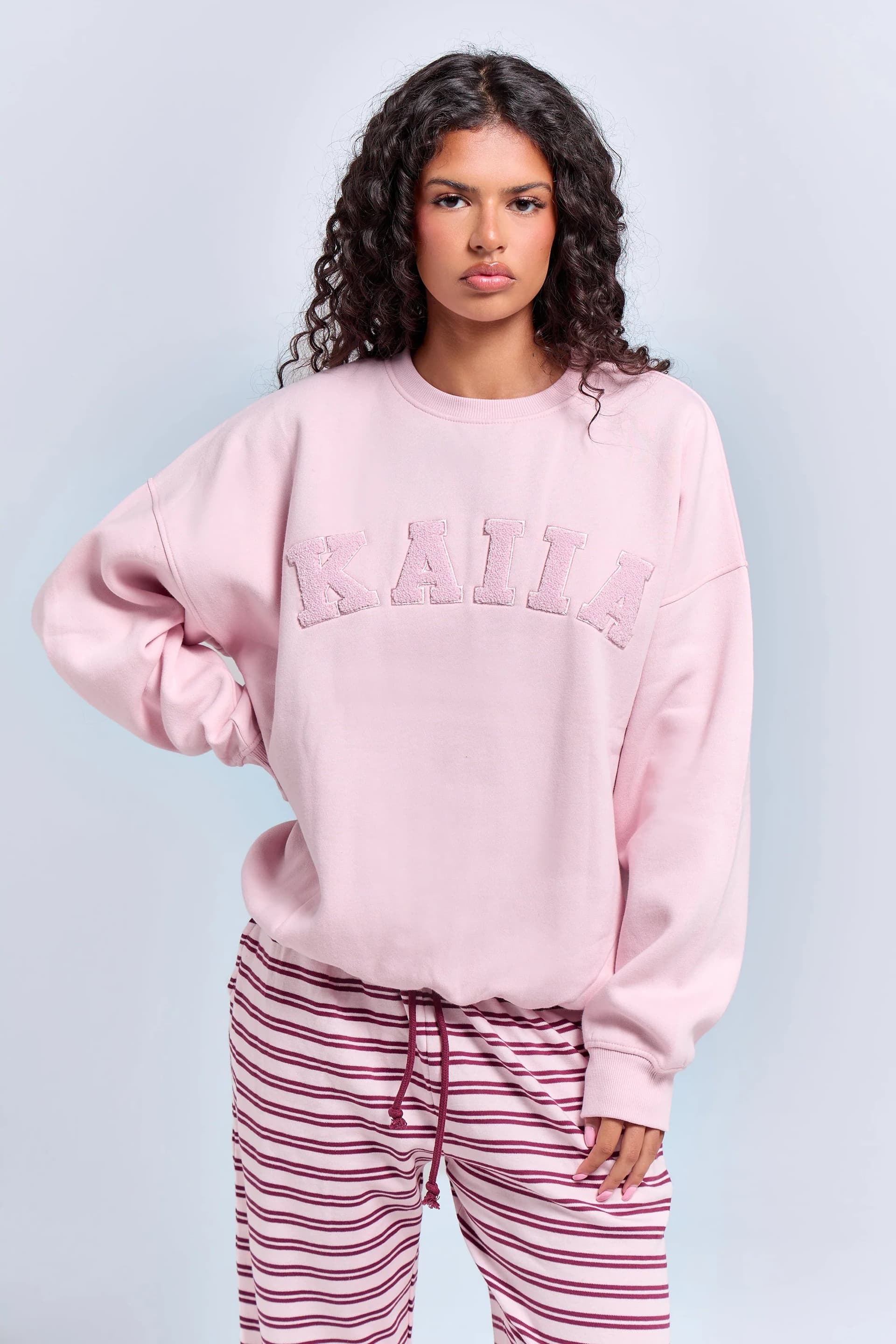 Kaiia Kaiia Borg Slogan Oversized Sweatshirt Pink Chai