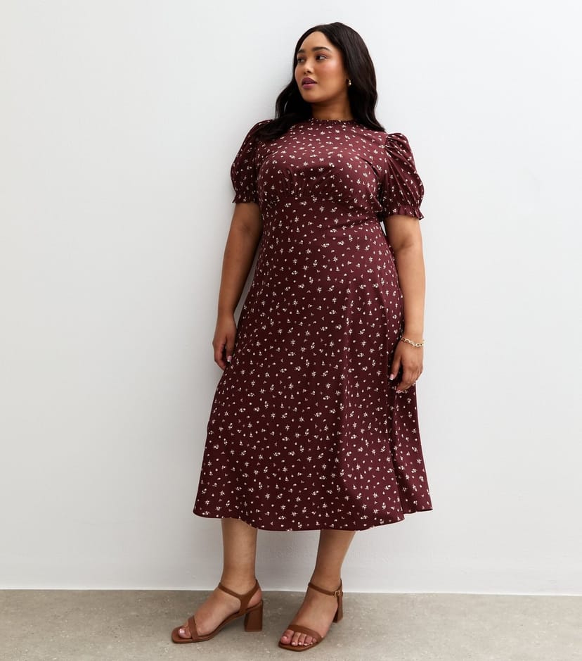 New Look Women's Plus Size Red Ditsy Print Short Sleeve Crepe Midi Dress Curves New Look - 1
