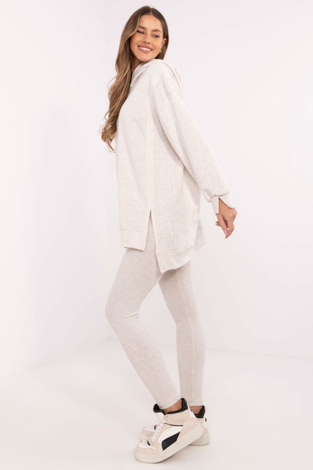 Love Lace Love Lace Women's Long Hooded Sweatshirt & Leggings Set in Beige