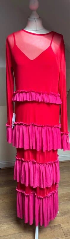 Never Fully Dressed Red & Pink Tiered Ruffle Maxi Dress Size 14 - RRP £145