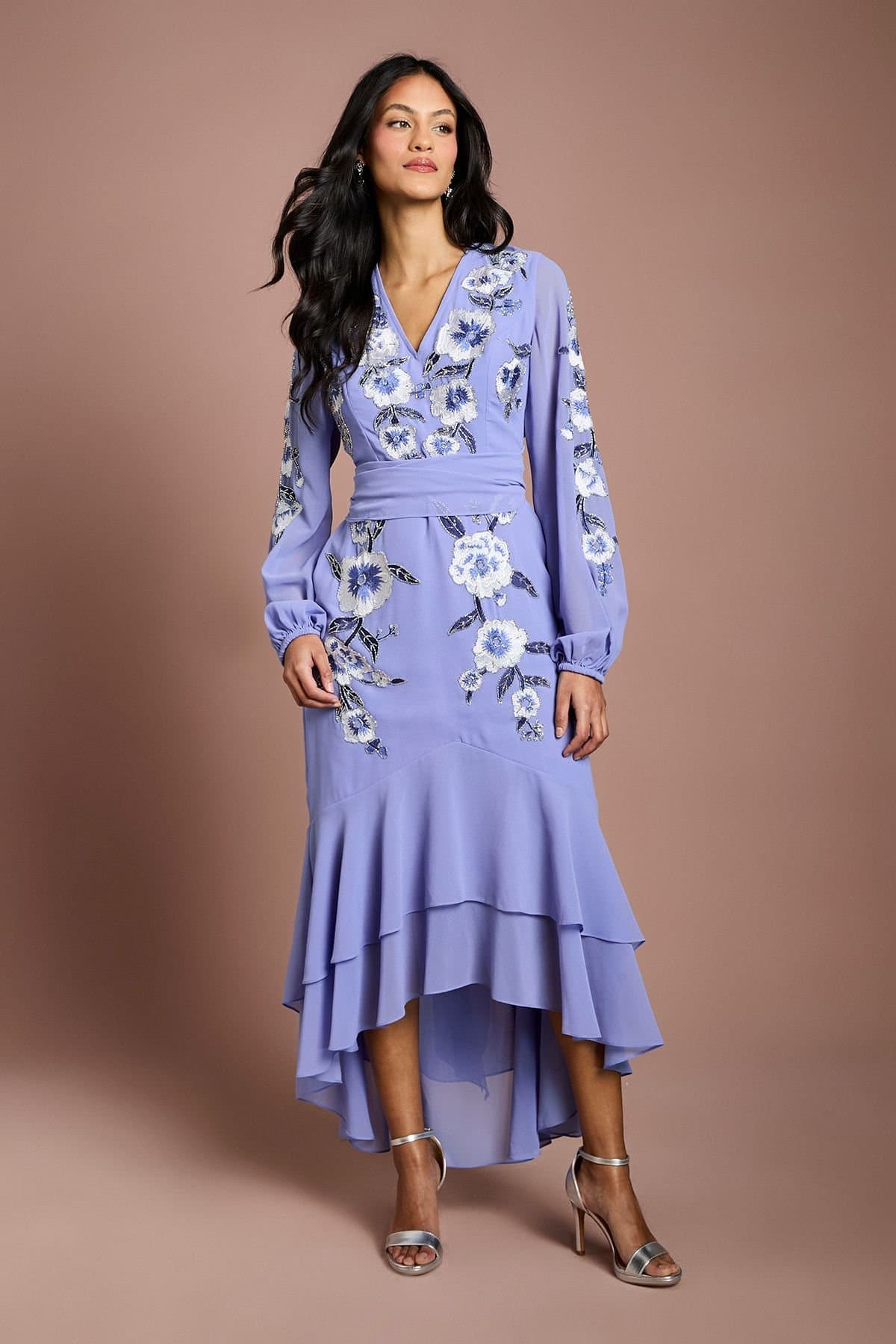 Coast Coast Women's Petite Sequin Embellished & Embroidered Hi-Lo Maxi Dress in Cornflower Blue