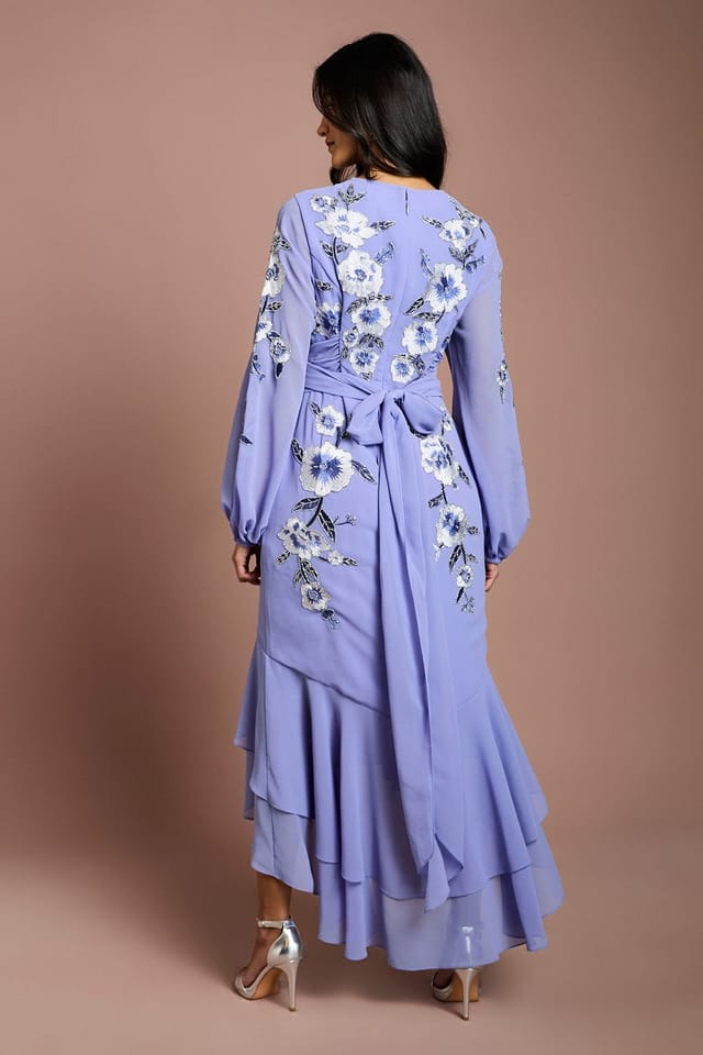 Coast Coast Women's Petite Sequin Embellished & Embroidered Hi-Lo Maxi Dress in Cornflower Blue - 3