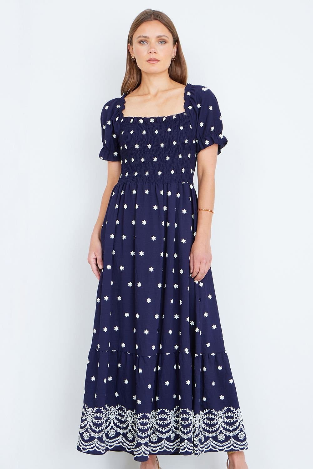 Yumi Yumi Women's Navy Border Hemline Smocked Maxi Dress in Dark Navy