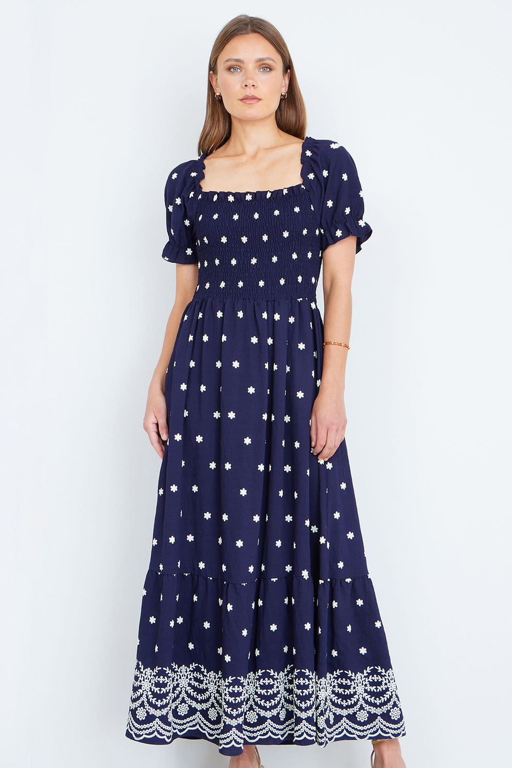 Yumi Navy Floral Smocked Maxi Dress