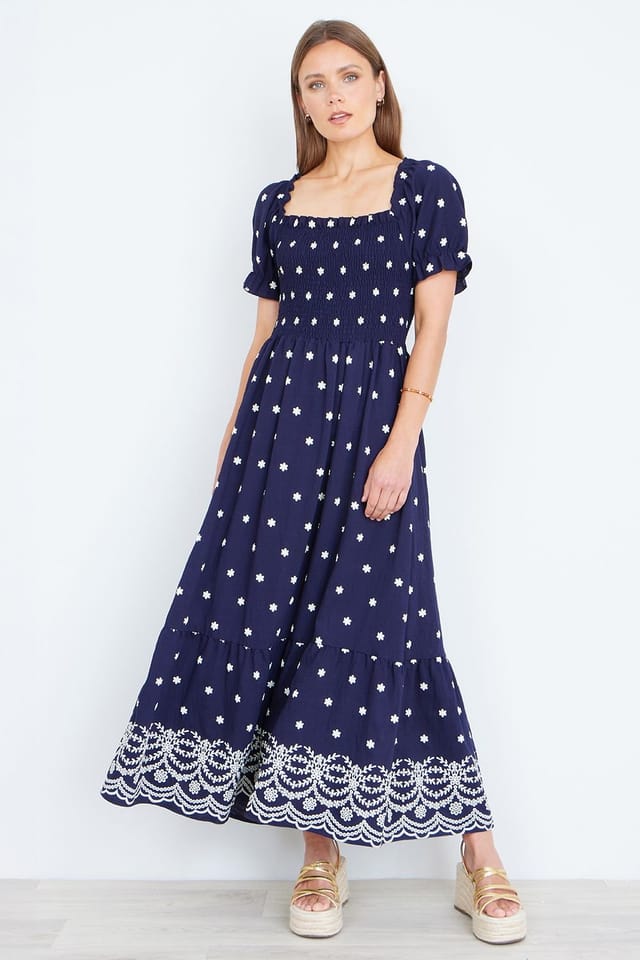 Yumi Yumi Women's Navy Border Hemline Smocked Maxi Dress in Dark Navy - 2