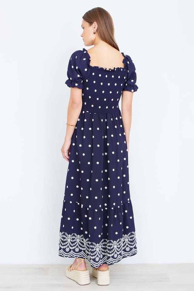 Yumi Yumi Women's Navy Border Hemline Smocked Maxi Dress in Dark Navy - 3
