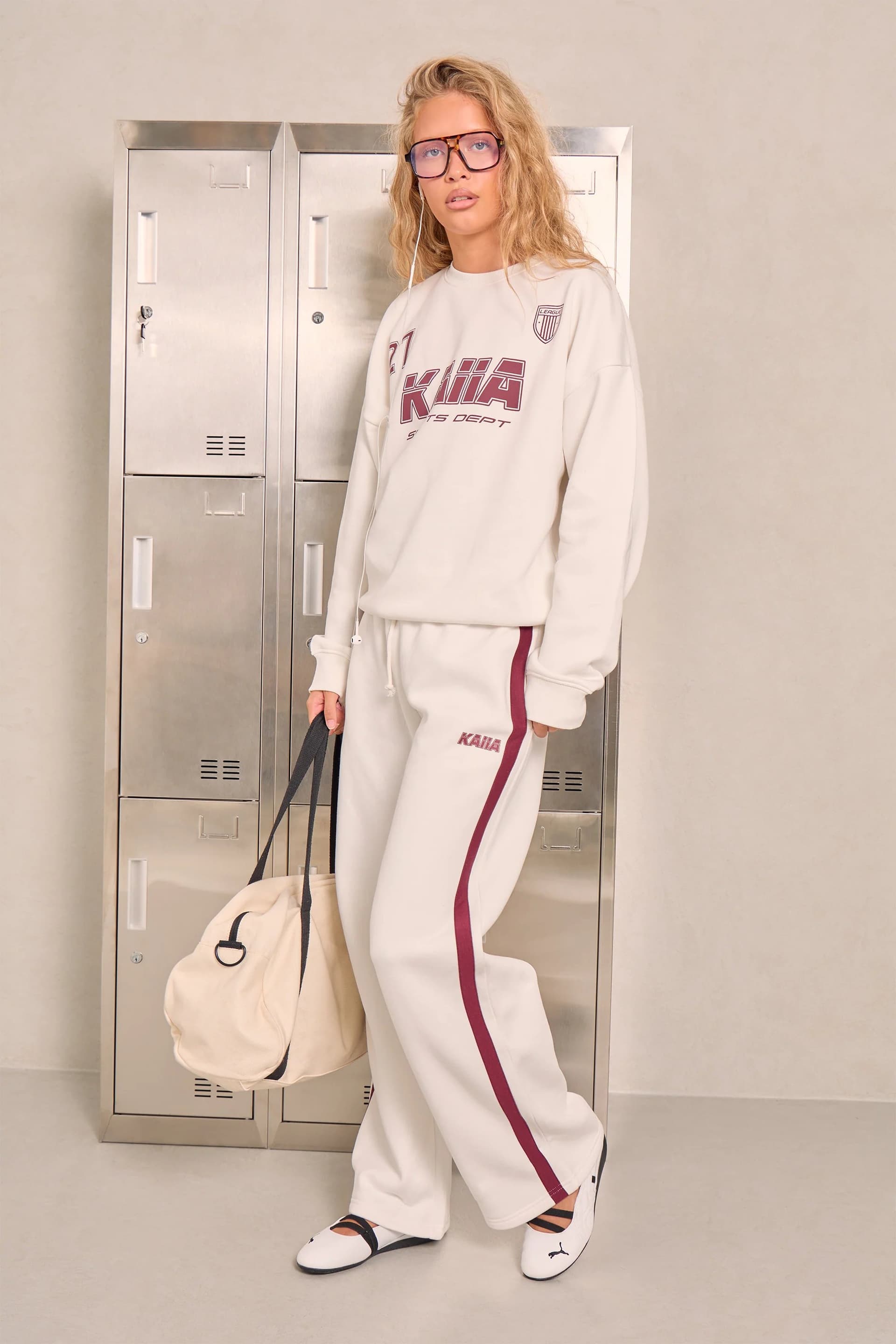 Kaiia Kaiia Sport Stripe Wide Leg Joggers Off White & Red Berry