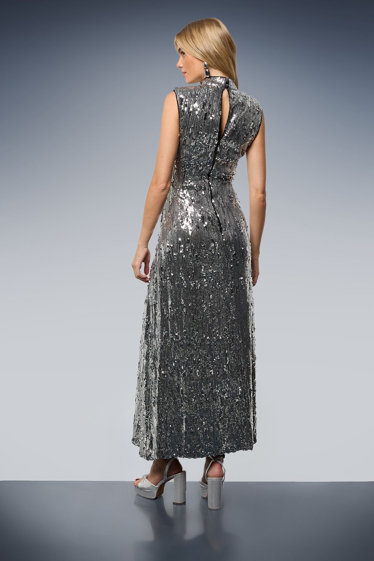 Oasis Oasis Women's Sequin Lace Insert High Neck Shoulder Pad Midi Dress in Pewter - 3