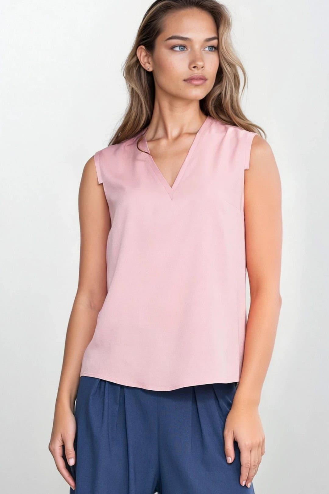 Love Lace Love Lace Women's Viscose V Neck Sleeveless Blouse with Pleat in Pink