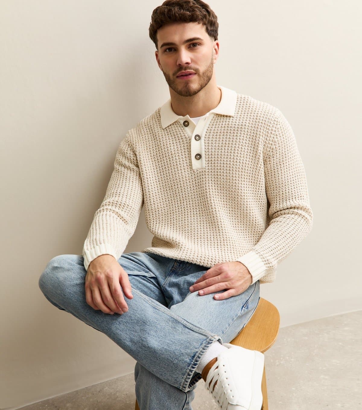 Only and Sons Men's Cream Regular Knit Polo Jumper Only and Sons New Look
