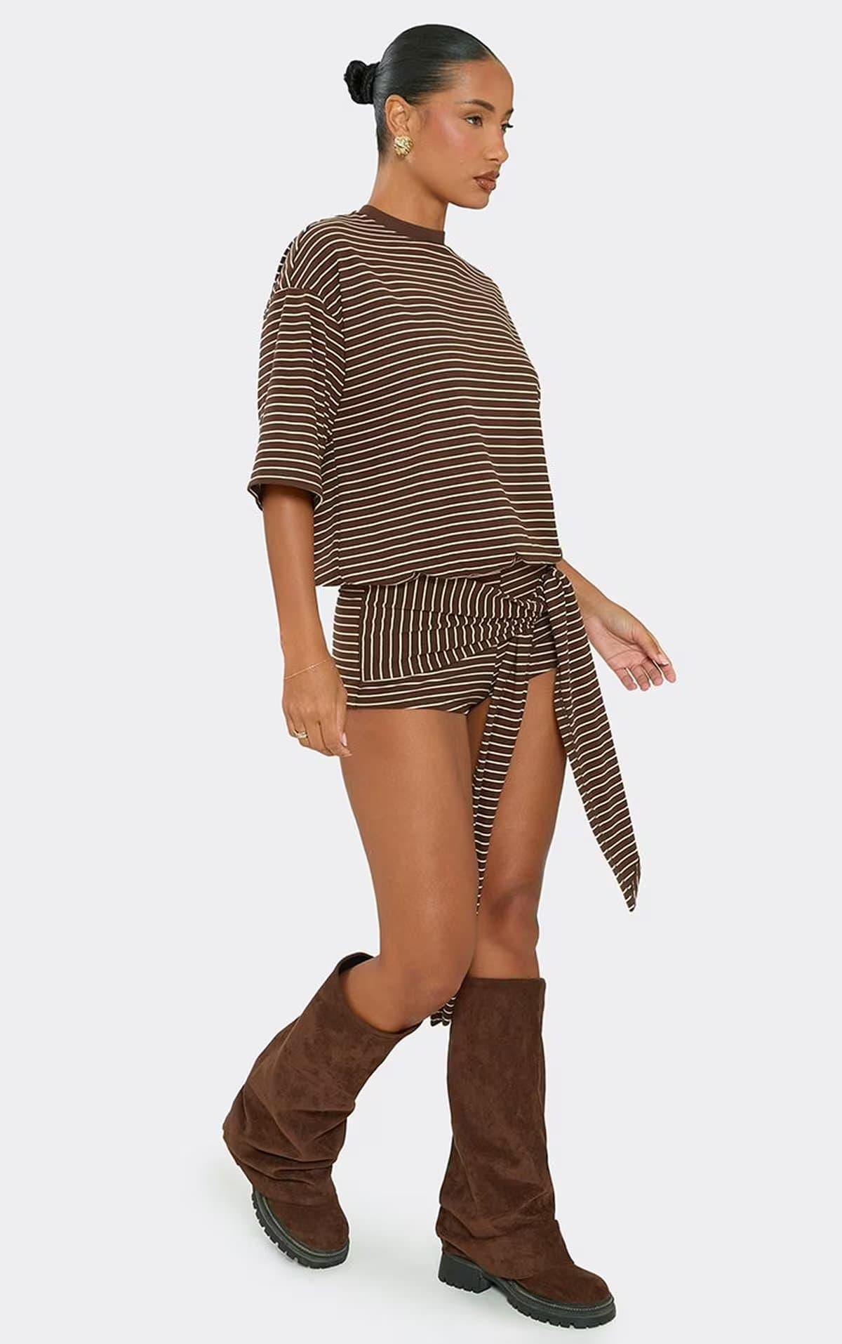 EGO Short Sleeve Tie Drape Detail Blouson T-Shirt Playsuit In Brown Stripe, Women's Size UK 6