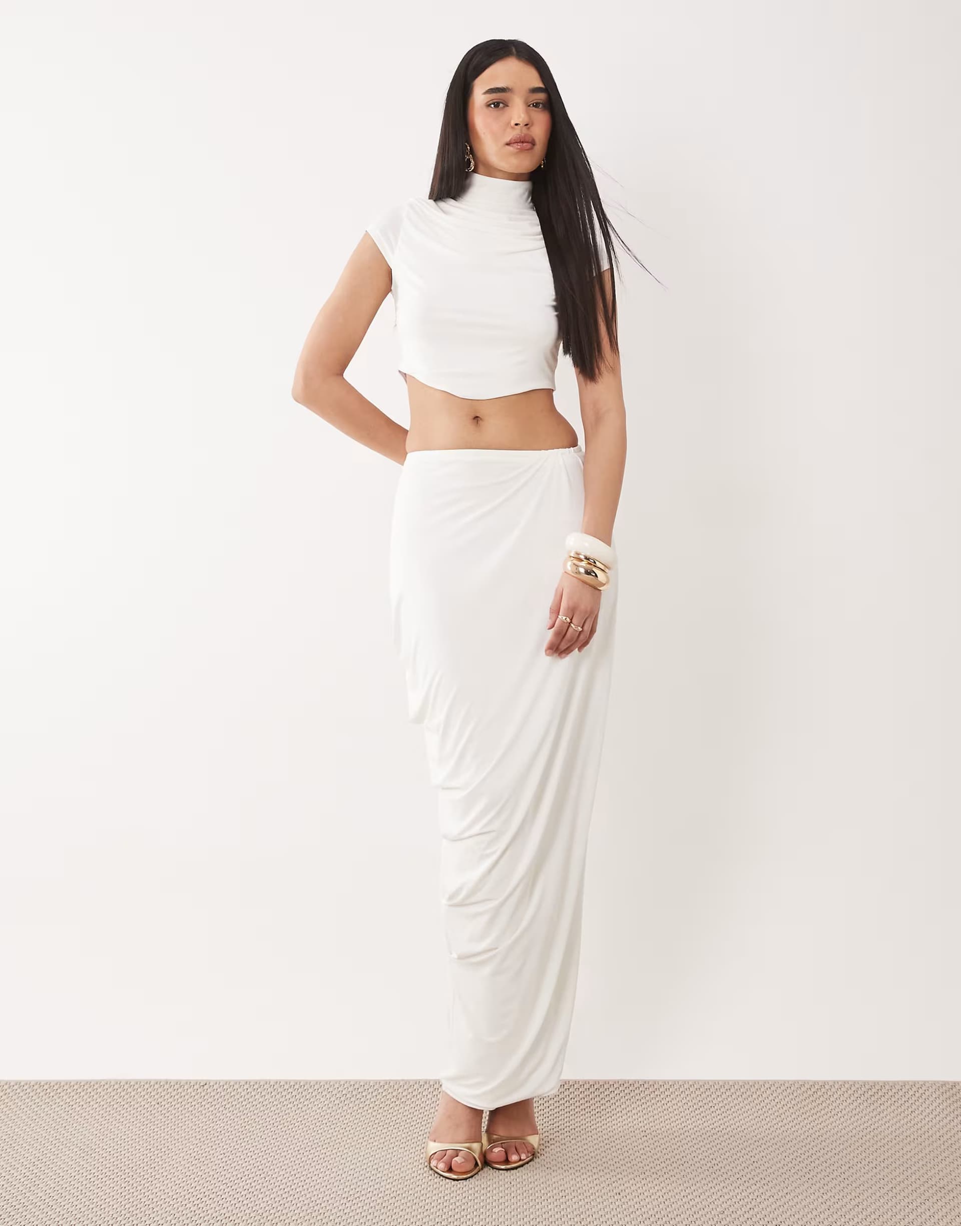 ASOS Ruched & Ready sculpting jersey draped maxi skirt co-ord in white