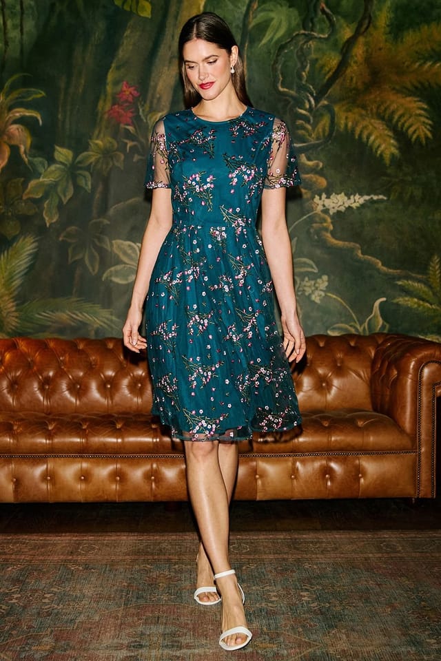 Yumi Yumi Women's Embroidered Floral Mesh Prom Dress in Teal - 2