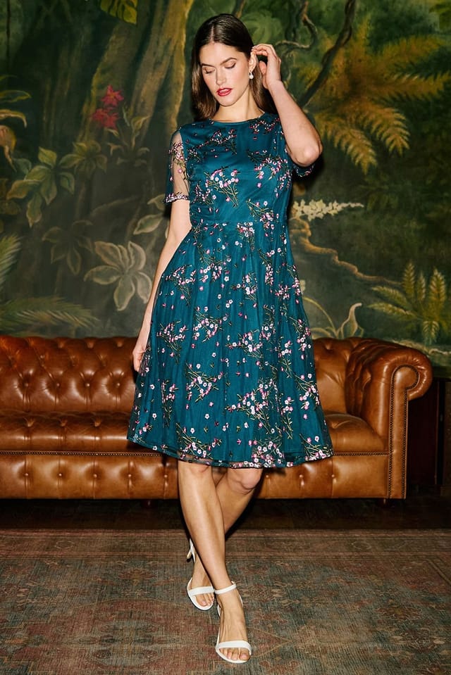 Yumi Yumi Women's Embroidered Floral Mesh Prom Dress in Teal - 3