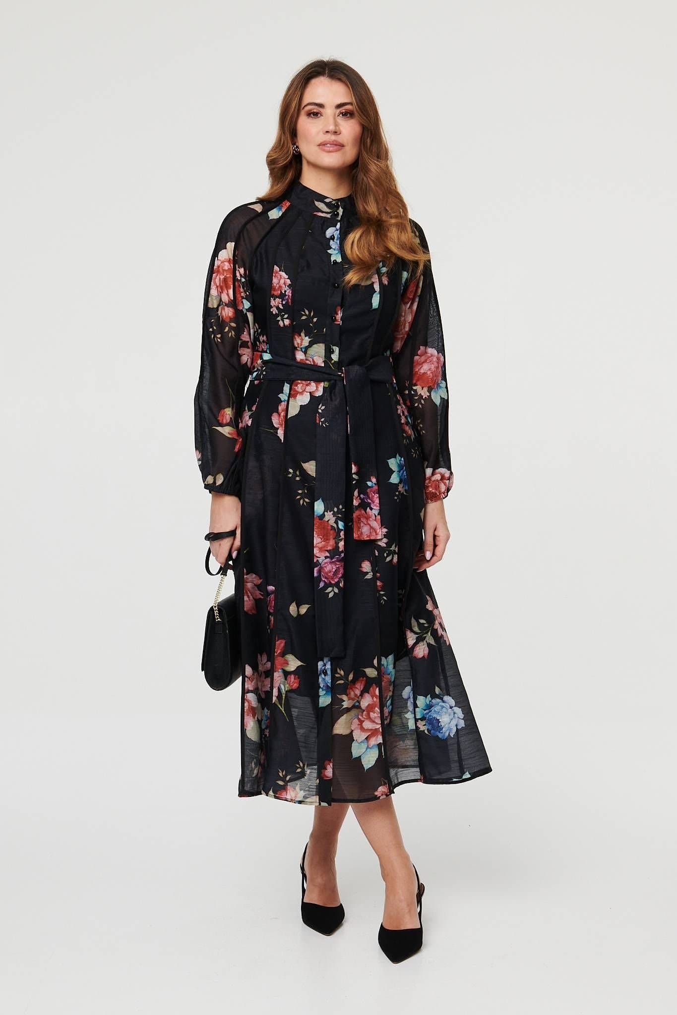 Izabel London Izabel London Women's Floral Semi Sheer Tie Waist Midi Dress in Black