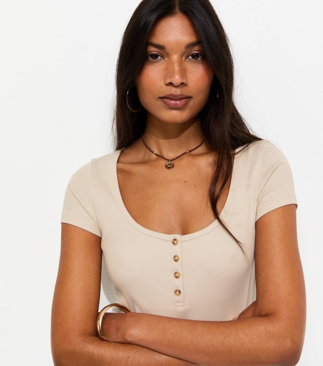 New Look Women's Stone Short Sleeve Ribbed Henley Tee New Look - 2