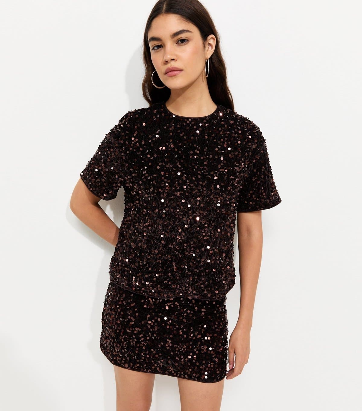 New Look Women's Dark Brown Sequin Velvet Mini Skirt New Look