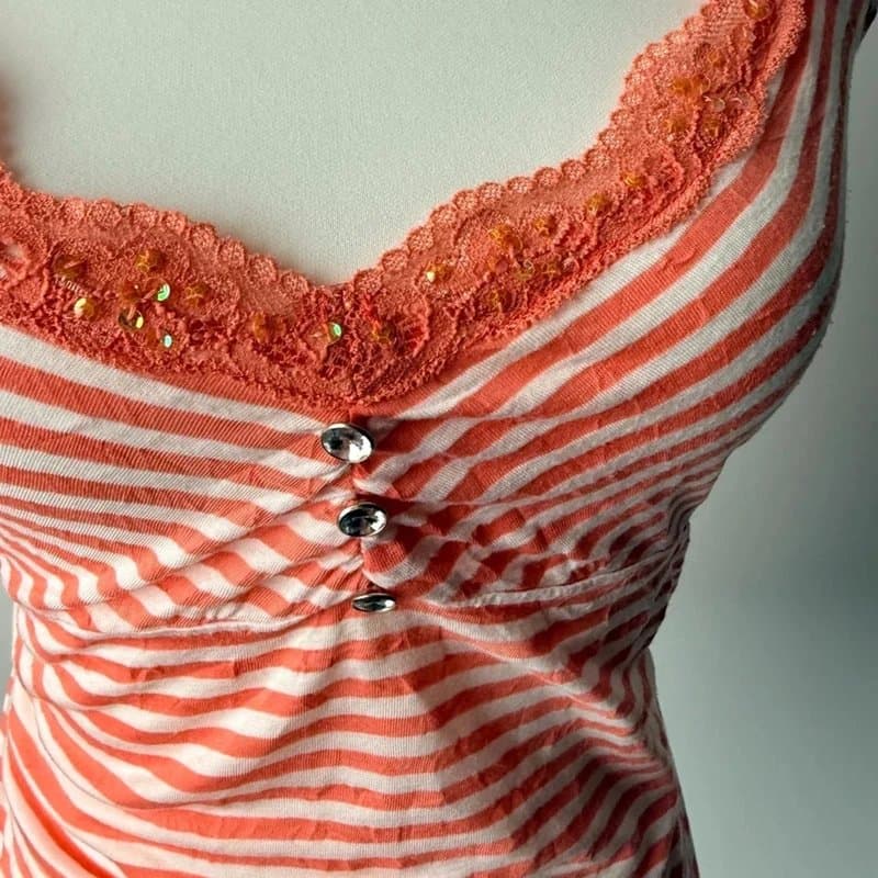 New Look Y2K Vintage Coral Stripe Lace Trim Babydoll Cami Top Size UK 16 Fairycore Vintage