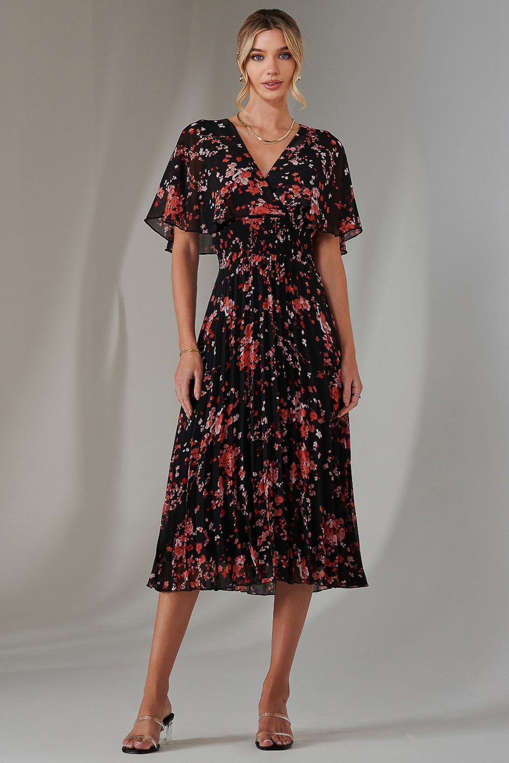 Jolie Moi Jolie Moi Women's Floral Print Chiffon Pleated Dress in Red - 2