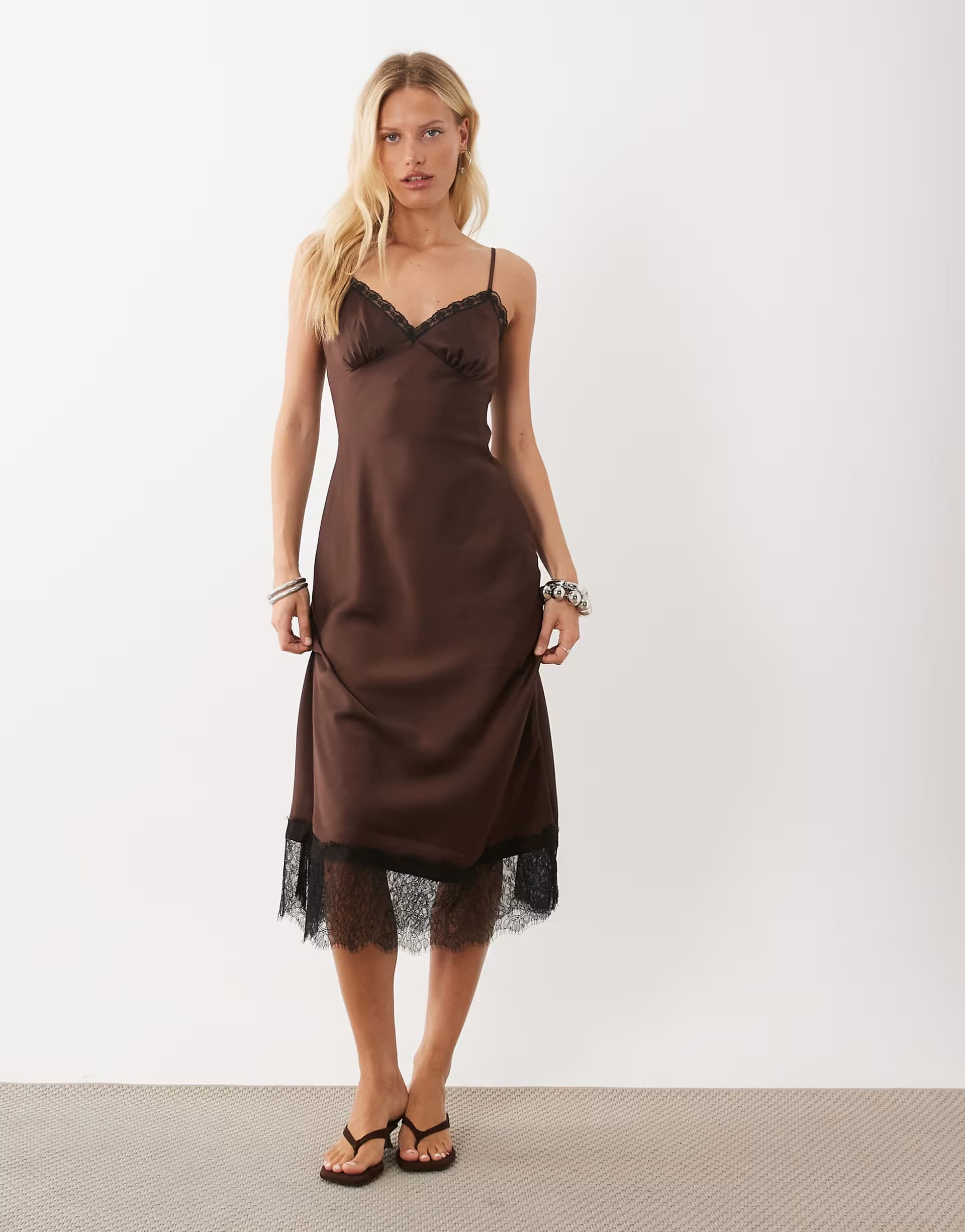 ASOS New Look lace trim strappy satin midi dress in chocolate brown