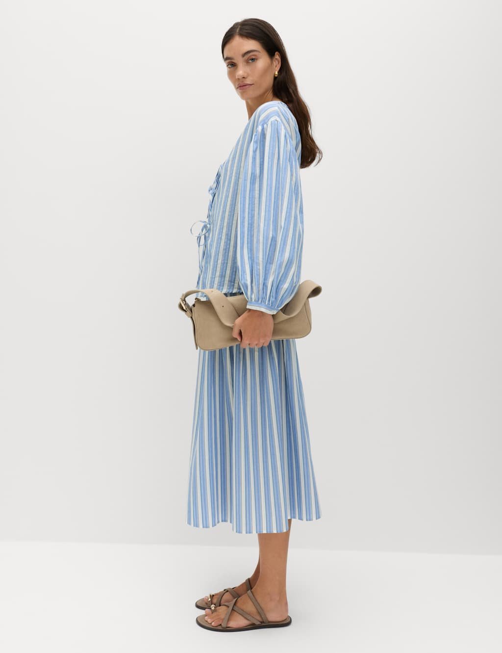 Marks & Spencer M&S Pure Cotton Striped Tie Front Blouse Blue Mix - 3