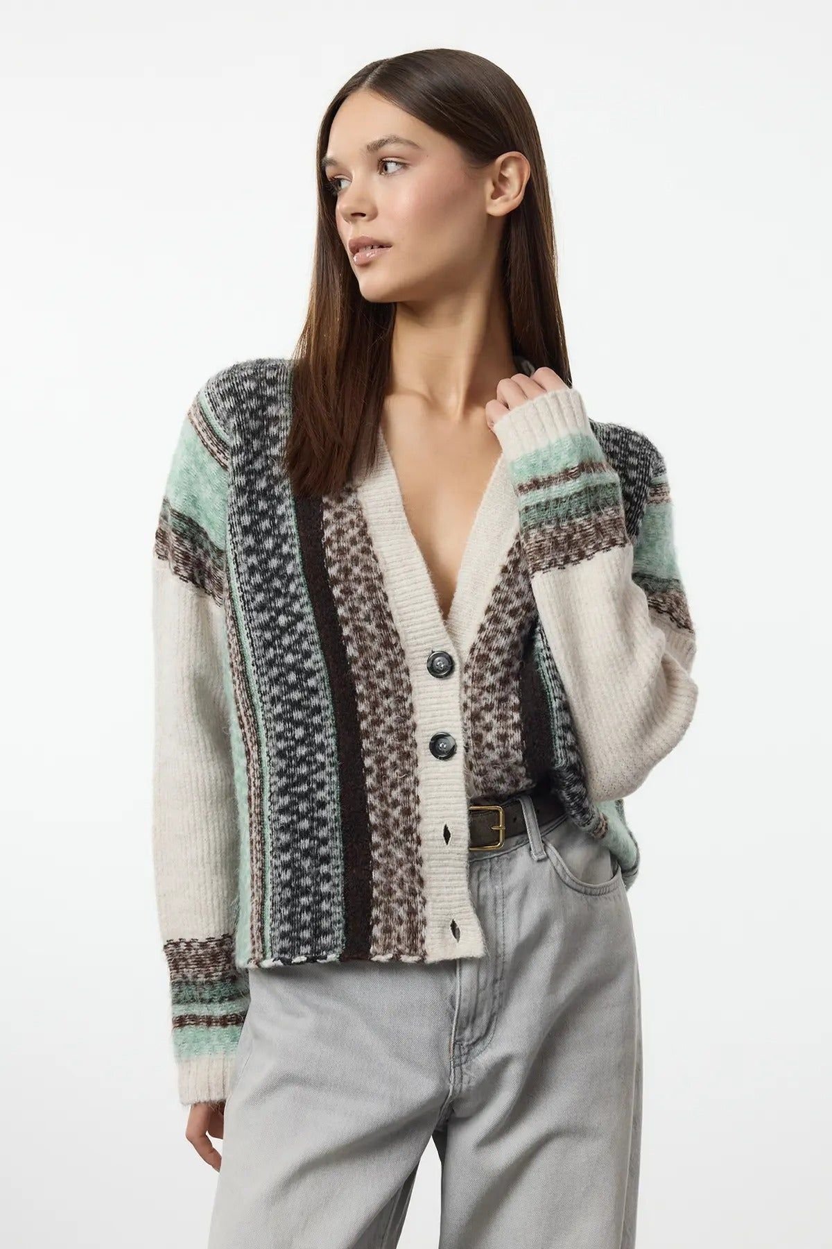 HOXTON GAL HOXTON GAL Women's Oversized Soft-Textured Patterned V-Neck Knit Cardigan - 2