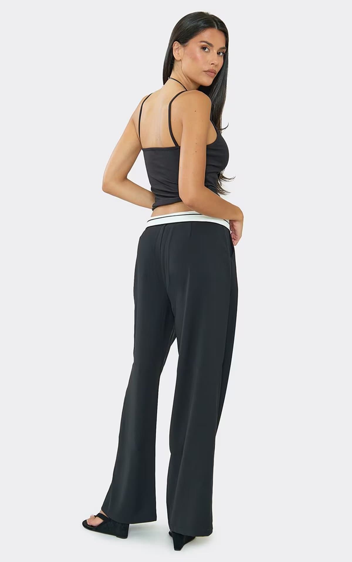 EGO Fold Over Waistband Wide Leg Tailored Trousers In Black, Women's Size UK 6