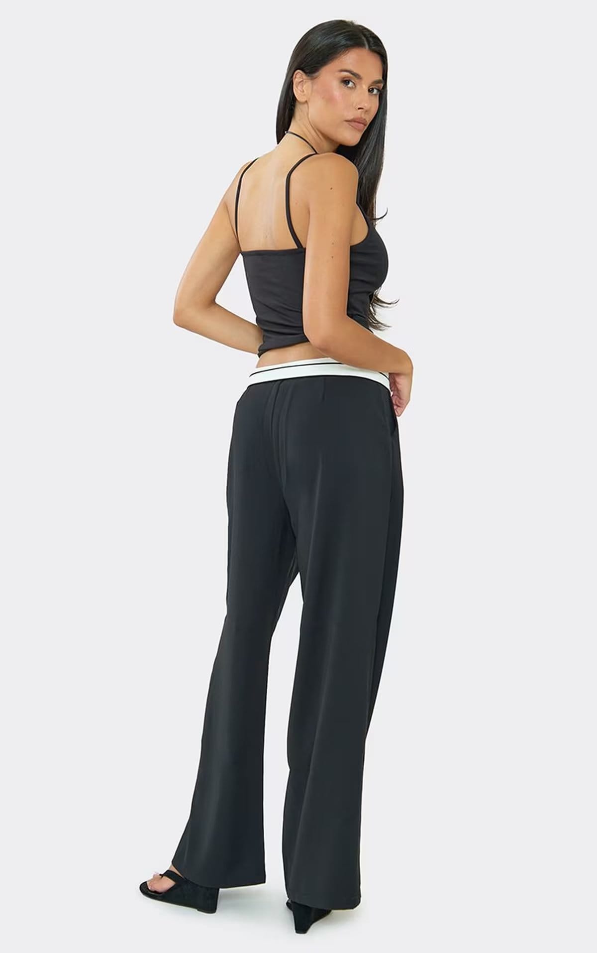 EGO Black Tailored Wide Leg Trousers With Fold Over Waistband
