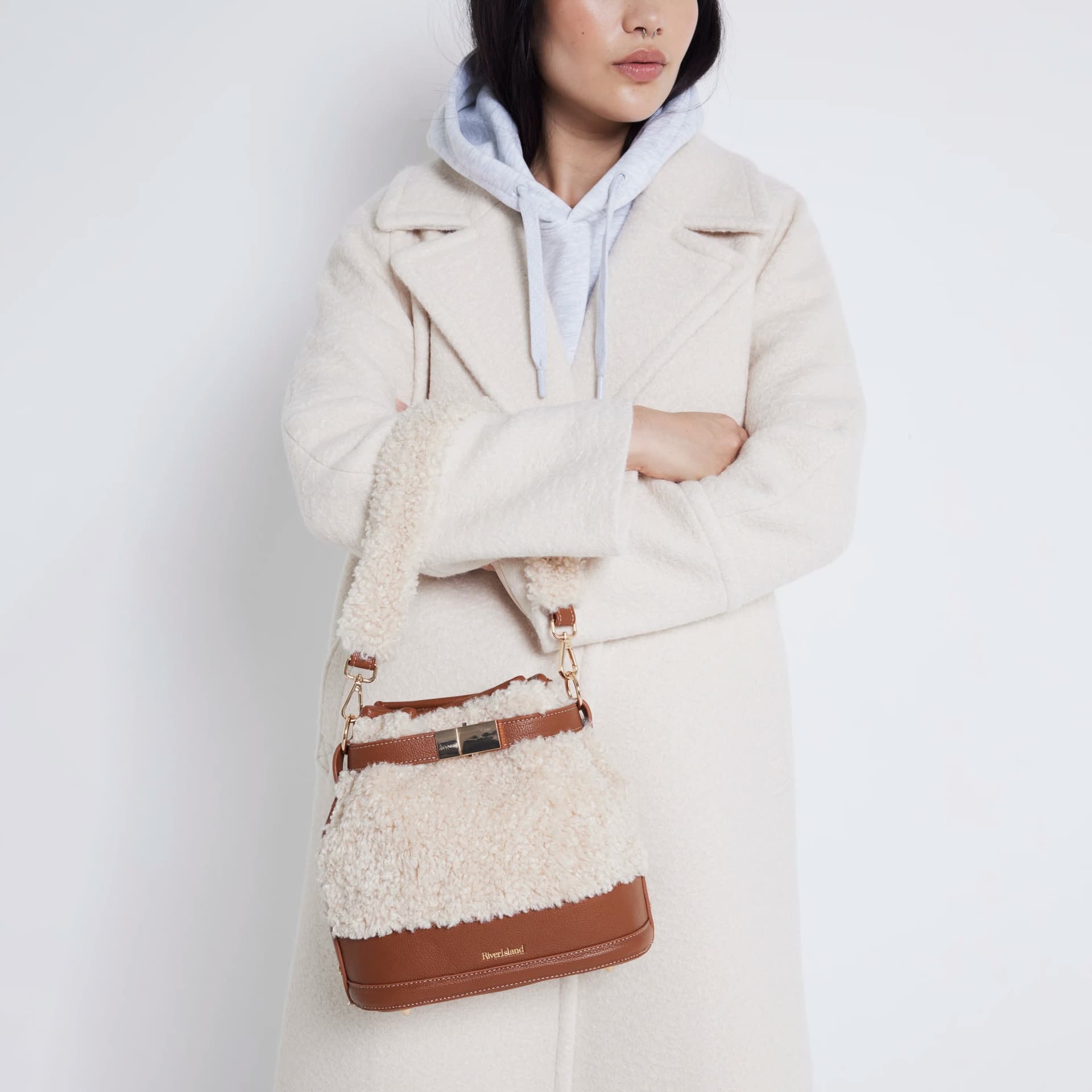 River Island River Island Womens Beige Borg Bucket Bag