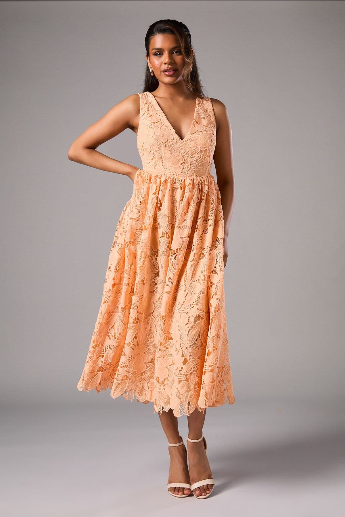 Coast Coast Women's Petite Lace Midi Dress in Peach