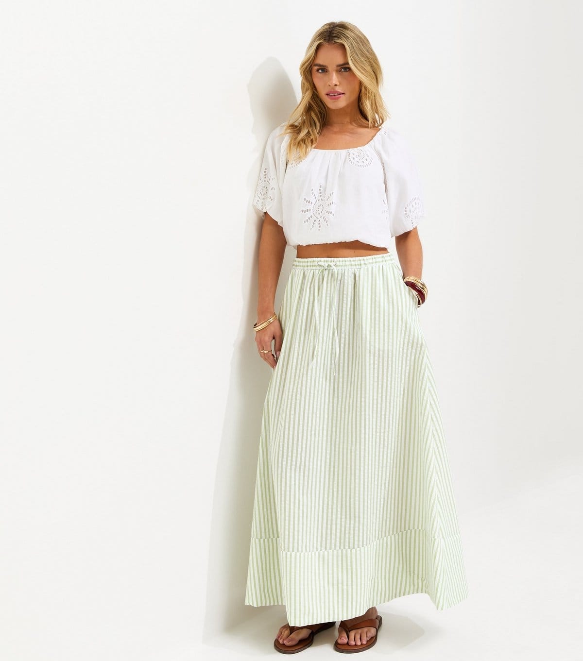 New Look Women's Petite Green Striped Seersucker Circle Skirt New Look - 1