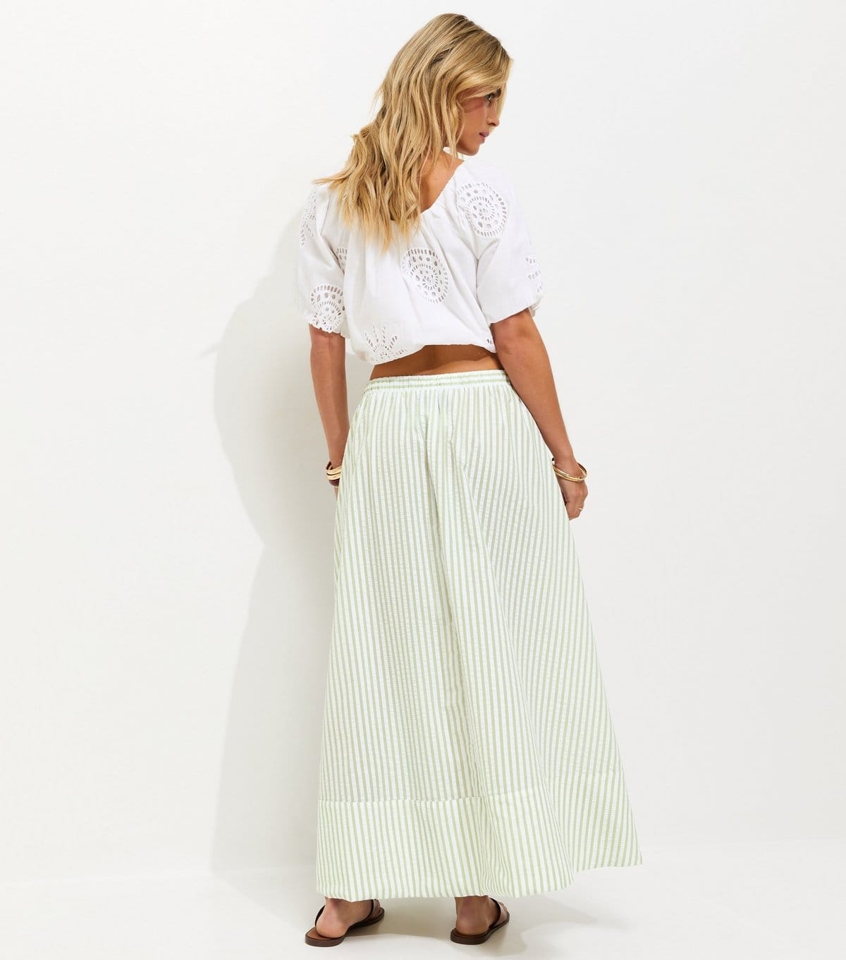 New Look Women's Petite Green Striped Seersucker Circle Skirt New Look - 4