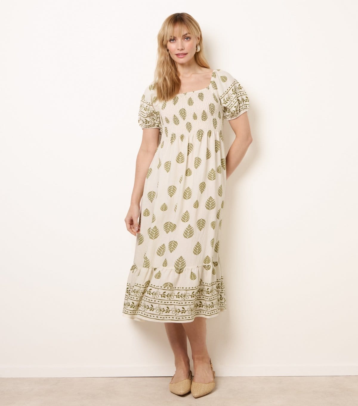 Blue Vanilla Green Leaf Print Square Neck Midi Dress