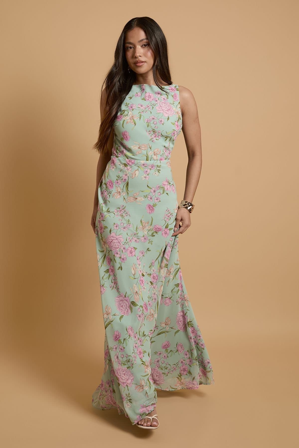 Oasis Oasis Women's Petite Lace Cowl Back Chiffon Printed Maxi Dress in Blue