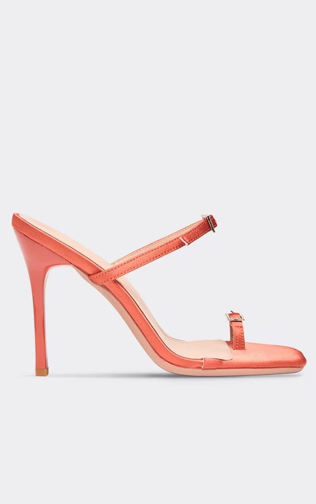EGO Teaser Double Strap Bow Deatil Stiletto Heeled Mule In Orange Satin, Women's Size UK 3 - 2