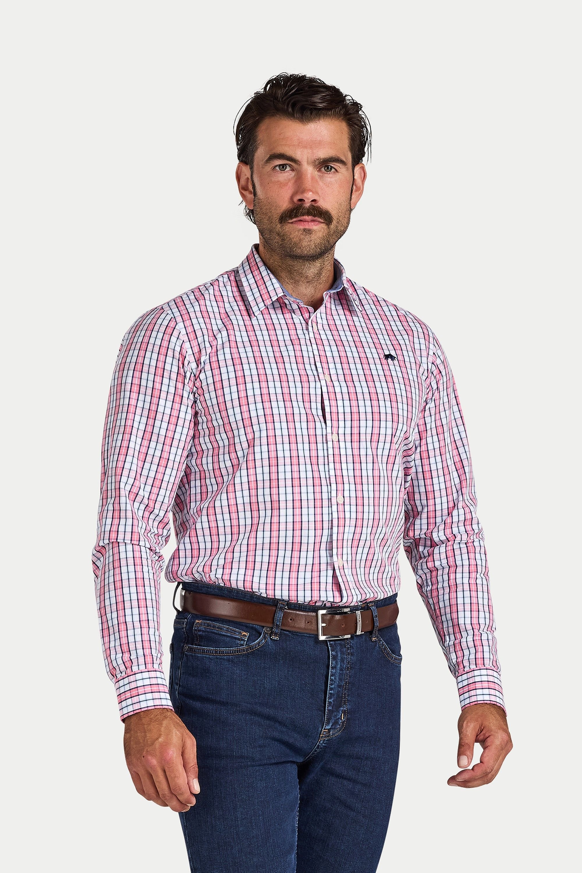 raging bull Raging Bull Men's Long Sleeve Large Check Cotton Poplin Shirt in Pink - 2