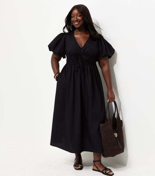New Look Women's Plus Size Black Puff Sleeve Flared Midi Dress Curves New Look - 2