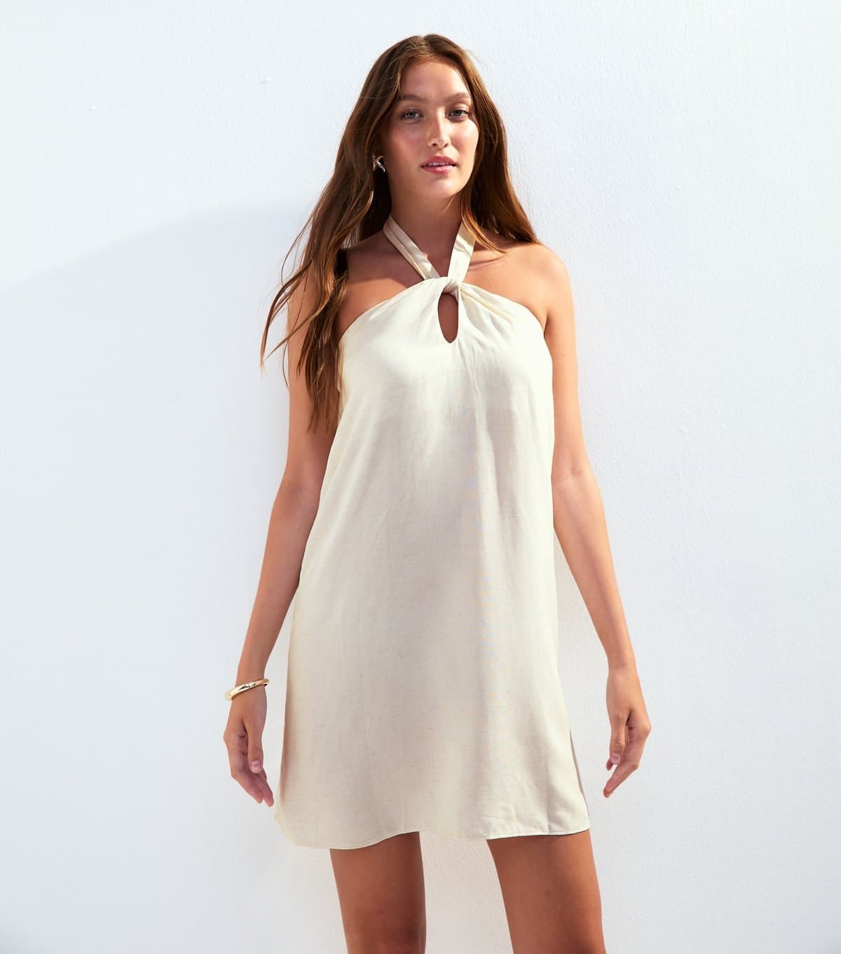 New Look New Look Stone Linen Look Halterneck Mini Dress
