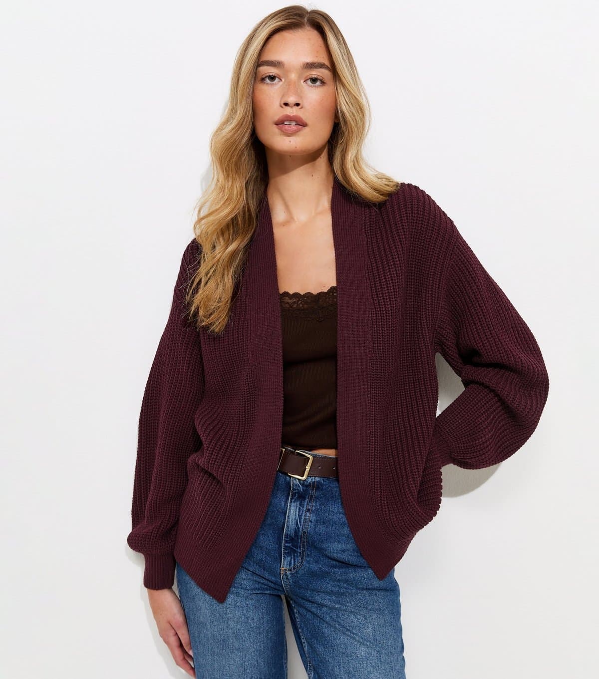 New Look Women's Tall Dark Burgundy Chunky Knit Balloon Sleeve Cardigan New Look