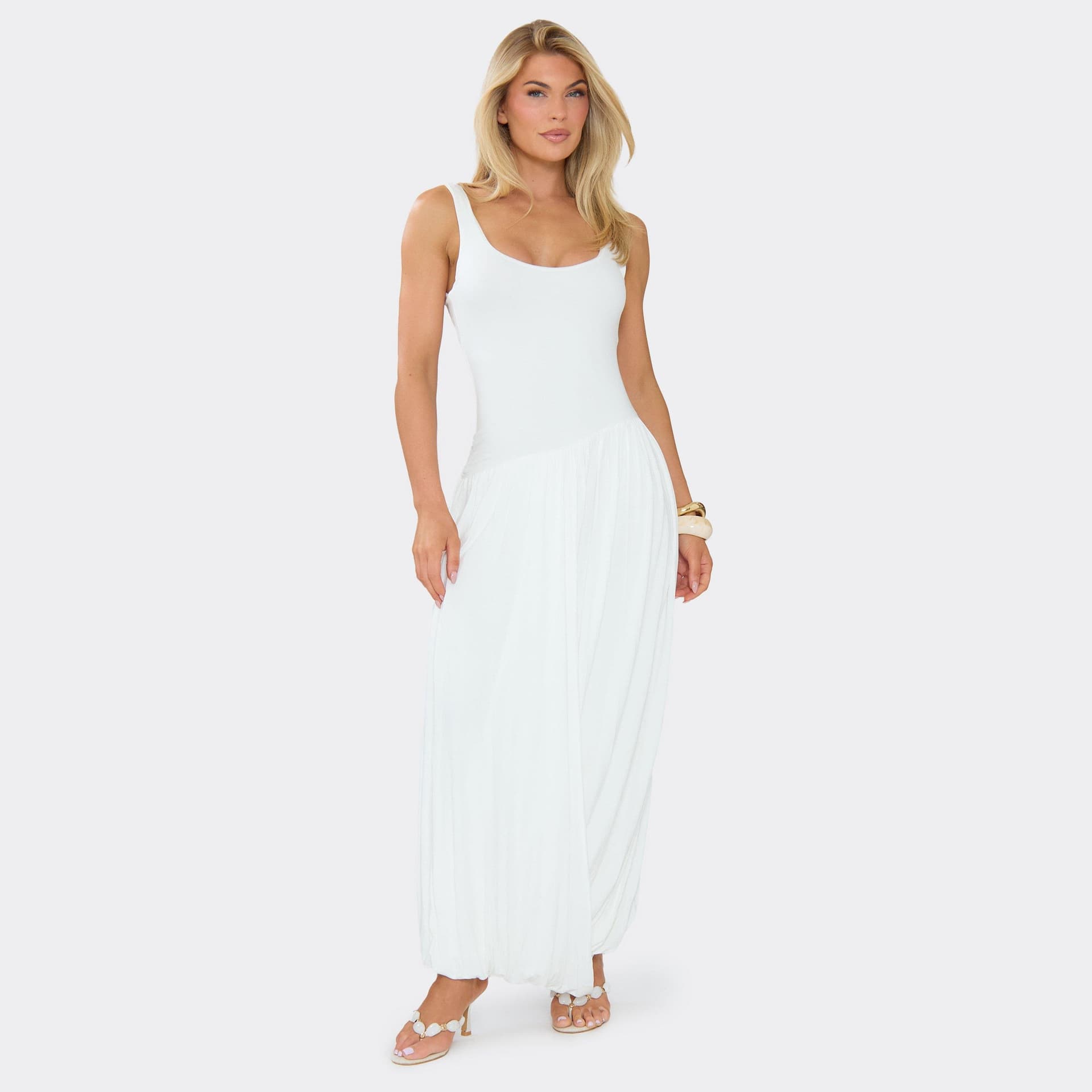 EGO Scoop Neck Double Layer Bubble Maxi Dress In White Jersey, Women's Size UK 6