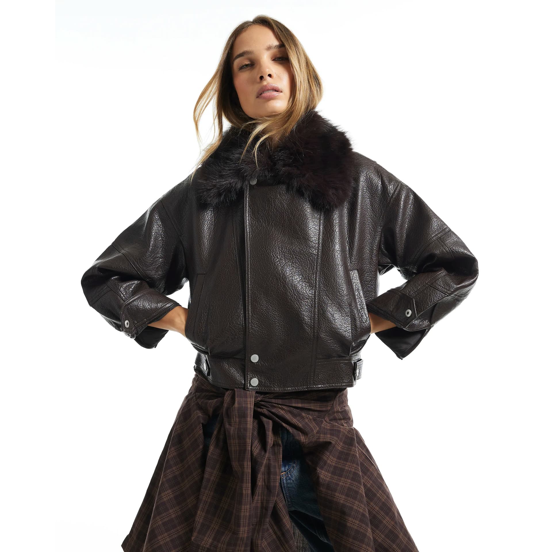 River Island River Island Womens Brown Faux Leather Faux Fur Collar Jacket