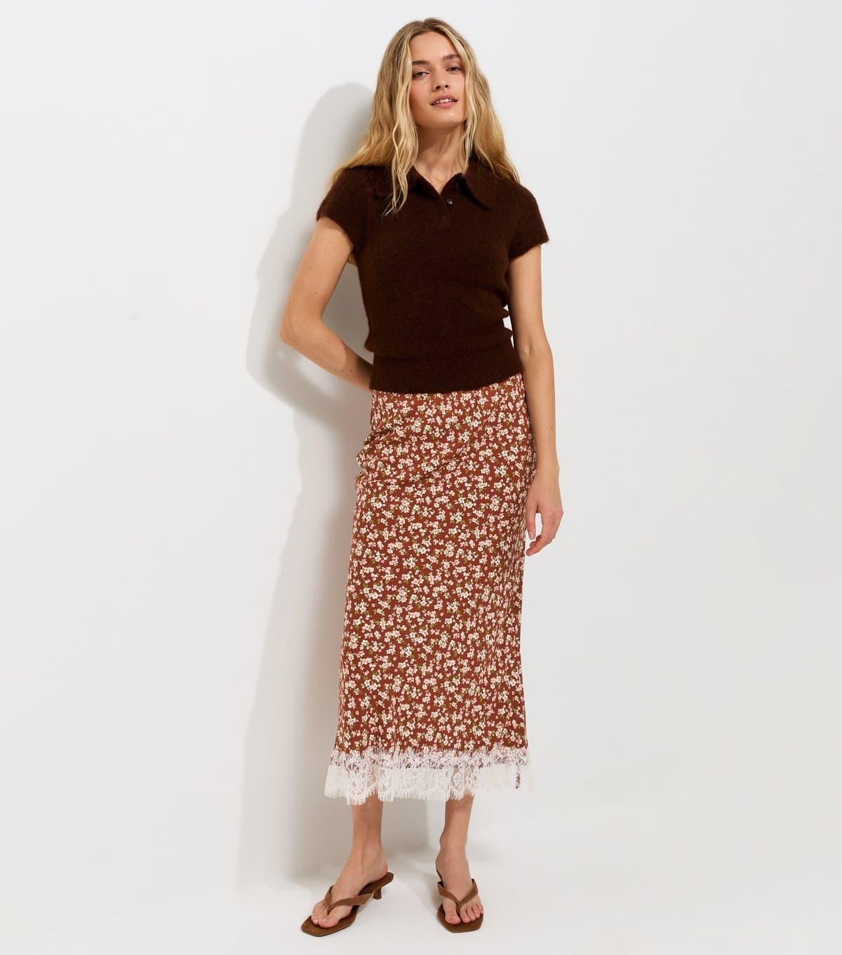 New Look Women's Orange Floral Print Lace Hem Bias Cut Midi Skirt New Look