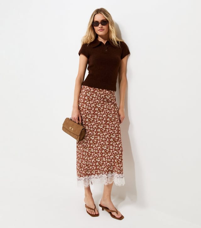 New Look Women's Orange Floral Print Lace Hem Bias Cut Midi Skirt New Look - 2